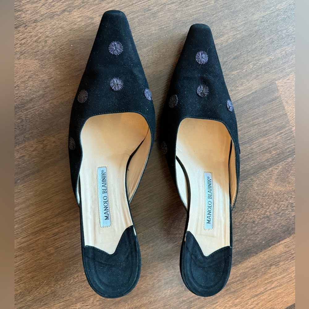 Manolo Blahnik Black Suede Mules with Embroidered Flowers